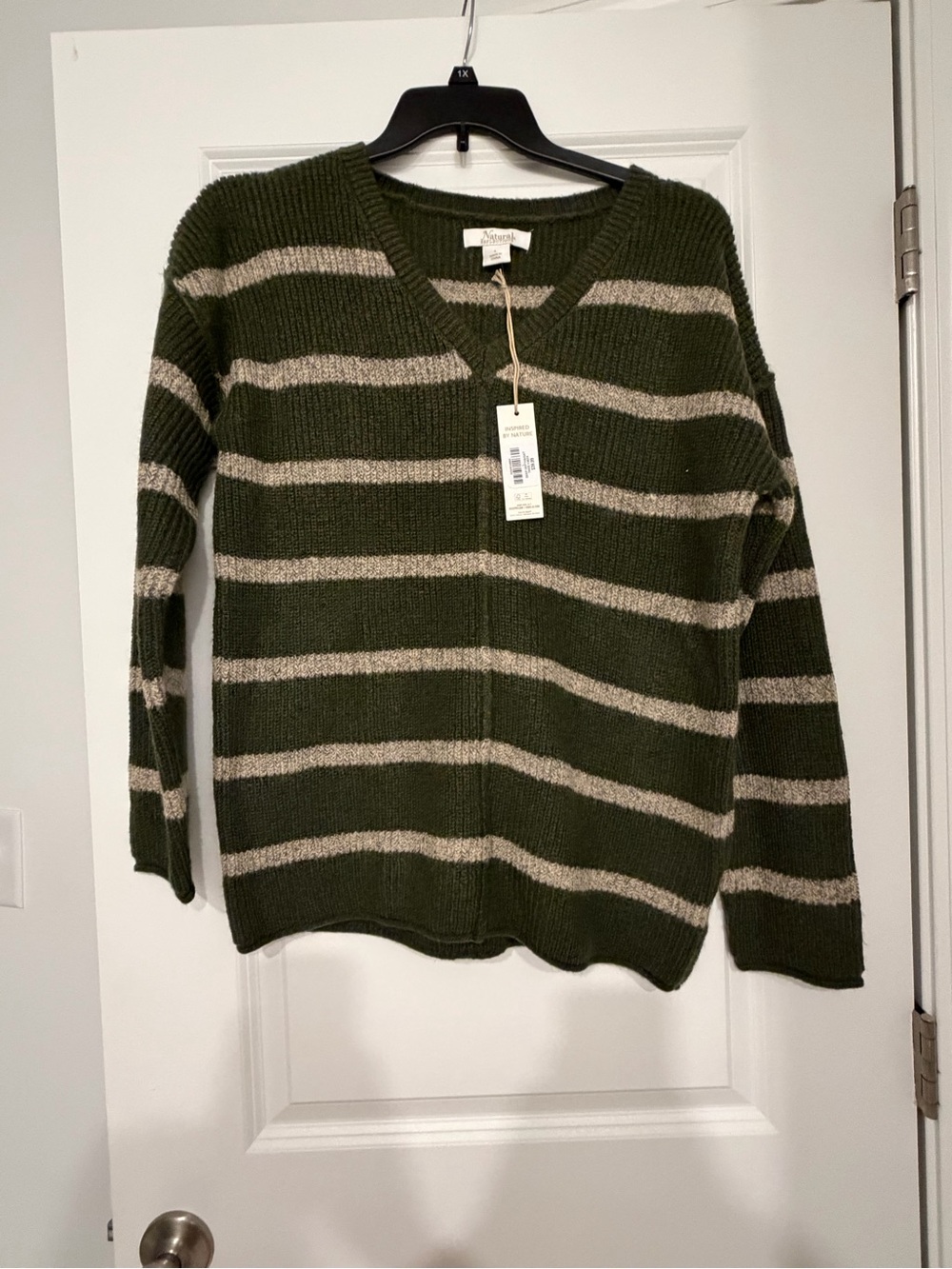 Natural Reflections Olive & Cream Striped V-Neck Sweater